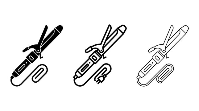 Styling tools collection: trio of hair curlers in black and white outline styles