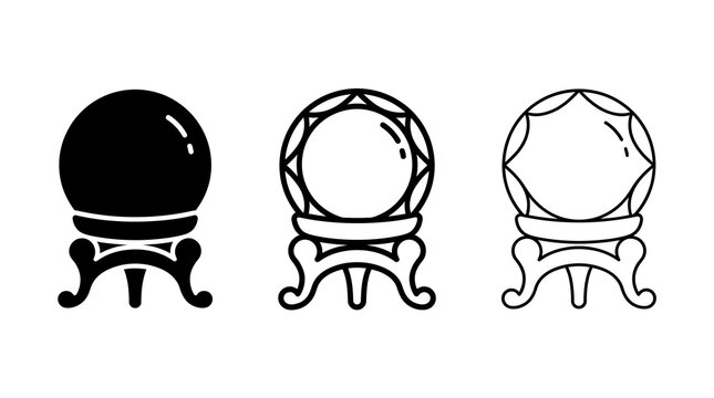 Set of crystal balls on stands in silhouette and linear styles for fortune telling