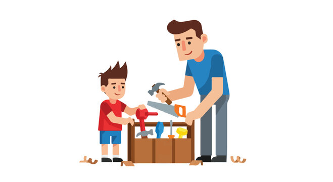 Father and Son Carpentry Class: A smiling father teaches his young son how to use tools, working together with a toolbox filled with woodworking instruments.