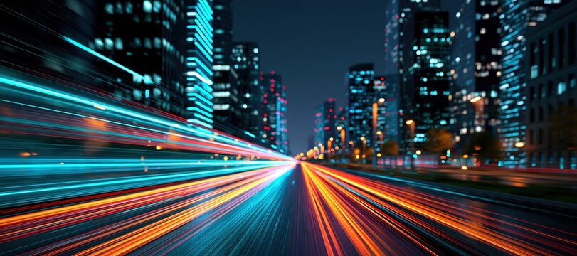 Blurred light trails speeding through modern city business district at night