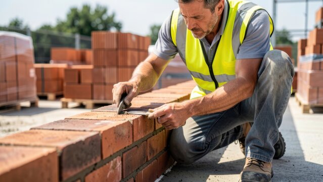 skilled male bricklayer expertly building a red foundation wall with modern safety gear on a bright construction site