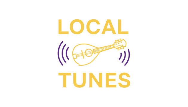 Musical concept art featuring a mandolin icon with sound wave indicators and the text local tunes for music events or radio.