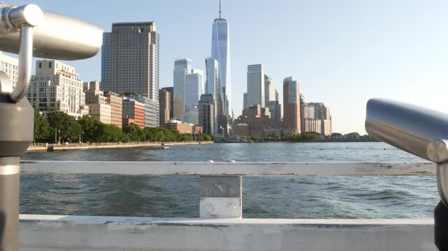 New York City Manhattan downtown financial district skyline, United States. Urban waterfront cityscape, World Trade Center skyscraper building, Hudson River Park, riverfront promenade tower viewer.