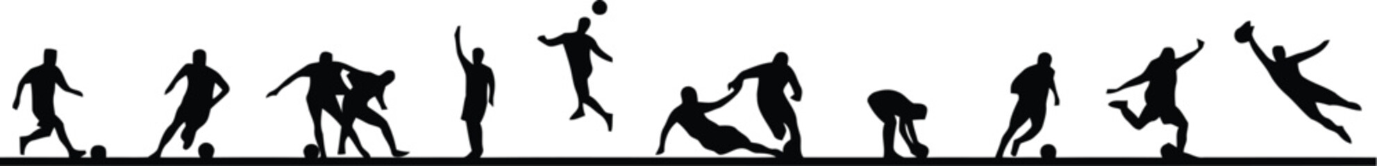 Set of soccer player silhouettes in diverse game actions with football silhouette athletes collection competition goalkeeper shooting training movement recreation performance athletic © Sajna