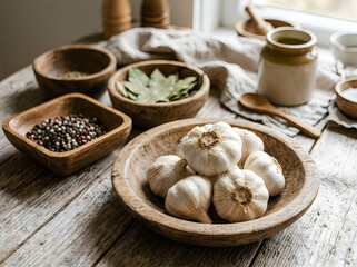 Fototapeta premium Garlic bulbs in a wooden bowl with spices and herbs on a wooden table