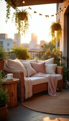 Naklejka premium Wicker sofa with cushions on balcony patio. Plants hang overhead. String lights glow warmly. Urban city view at dusk. Enjoy quiet evening relaxation.