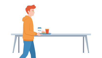 Fototapeta premium Red-haired man in an orange hoodie walks forward while balancing a lunch tray with a carton of milk and a sandwich inside a school cafeteria.