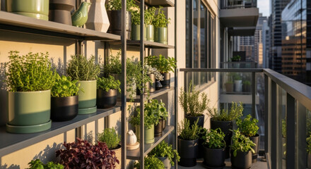 Fototapeta premium Urban Balcony Garden Oasis Vertical Shelving Filled With Fresh Herbs And Greens