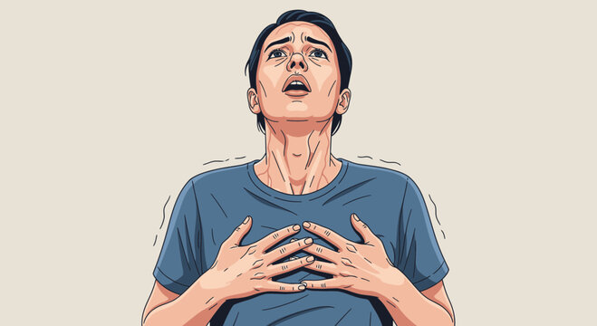 Surprised woman in blue shirt covering her mouth in shock.