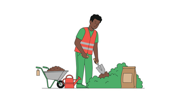 Gardener uses a trowel and wheelbarrow to care for garden plants and dirt in a professional landscaping maintenance project.