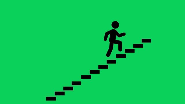 Black stick figure walking up staircase stairs animation isolated on green background motion graphic