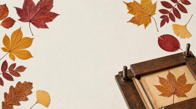 Vintage wooden leaf press with autumn leaves flat lay