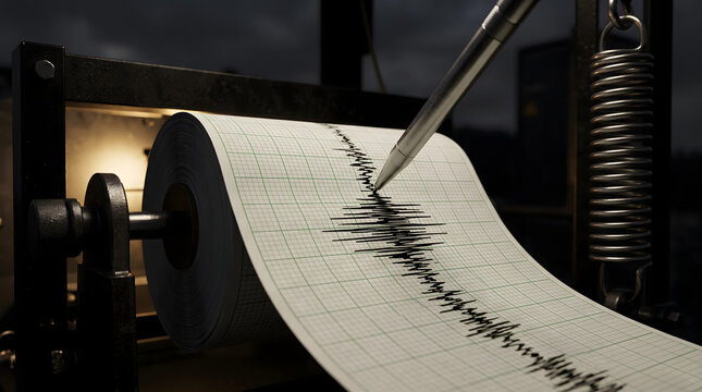 Seismograph machine recording earthquake data on paper roll with pen in industrial setting