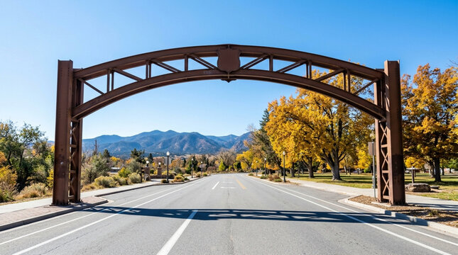 Grand metal archway entrance to a town or park with autumn trees and distant mountains under a clear blue sky.
