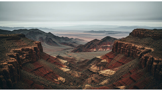 Vast desert canyon landscape with layered red rock formations under a cloudy sky