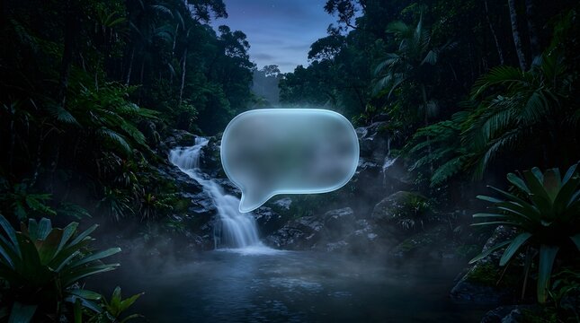 Luminous speech bubble over jungle waterfall digital illustration