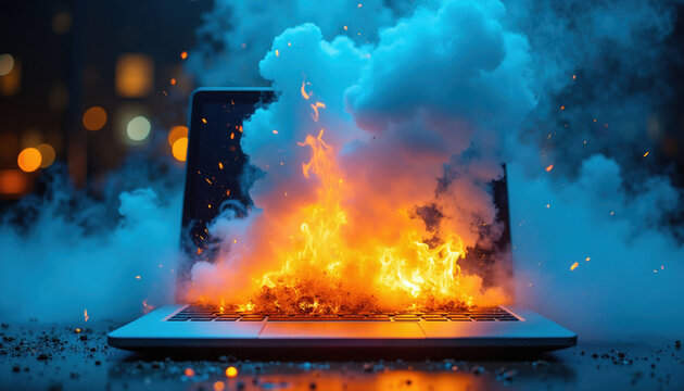 Laptop screen burns with orange flames and blue smoke. Digital device failure or data loss concept. Computer hardware explodes with intense heat and light.