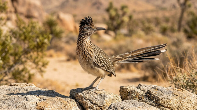 Greater Roadrunner bird standing on a rock in a desert landscape with Joshua trees and arid vegetation