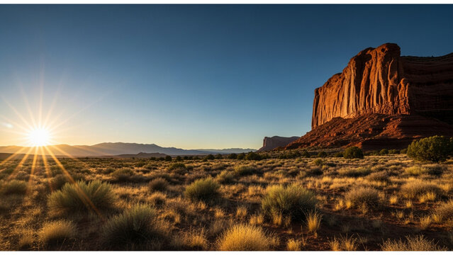 Golden sunrise illuminates a vast desert landscape with sandstone cliffs and sparse vegetation under a clear blue sky.