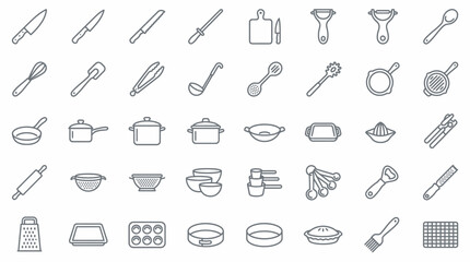 Naklejka premium Kitchen Utensils and Cookware Thin Line Icon Set for Cooking and Baking Design