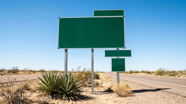 Blank green road signs standing by a desolate desert highway under a clear blue sky, offering ample copy space for custom text or navigational concepts.