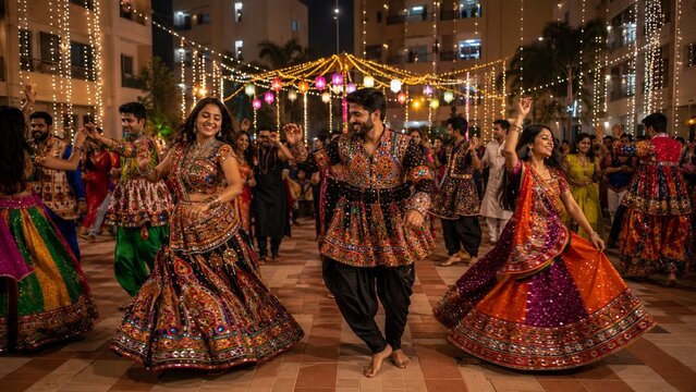 People in traditional mirror-work attire performing celebratory folk dance in an illuminated apartment courtyard during festive night celebrations.