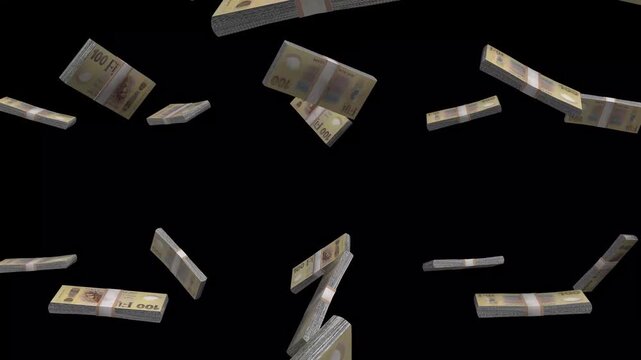 Fiji Money, Fijian Dollar Banknotes Falling On Black Background, FJD Polymer Currency Stacks Dark Cinematic, 4K