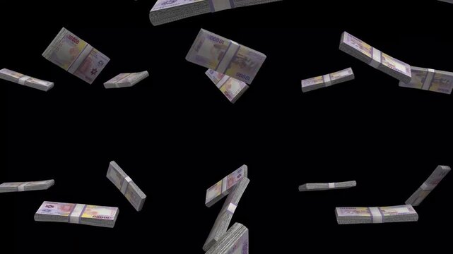 Cameroon Money, Central African CFA Franc Banknotes Falling On Black Background, XAF Currency Stacks Dark Cinematic, 4K