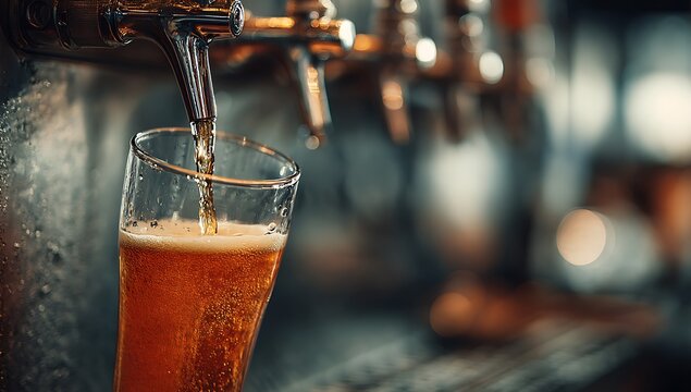 A refreshing pint of golden beer being poured from a tap into a clear glass, creating a frothy head