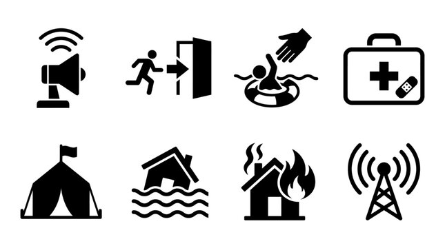Comprehensive set of crisis management, disaster preparedness, and emergency response flat design black and white icons
