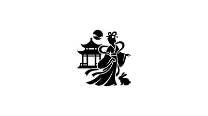 Obraz premium A black silhouette illustration of Chang E the Chinese moon goddess with a rabbit and pagoda.