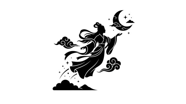 Silhouette of a graceful celestial goddess floating towards the moon.