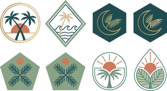 Palm Leaf and Ocean Badge Icons Set with Geometric Frames, Vintage Colors, and Circular Emblems for Tourism Design