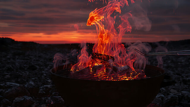 Hot Charcoal Grill With Bright Fire Flames, Outdoor BBQ at Dusk Under Red Sky