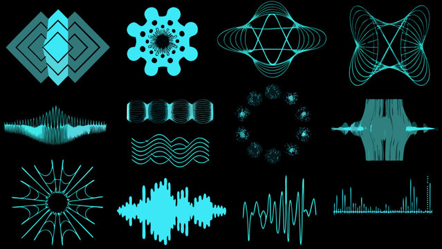 Collection Of Teal Audio Waveforms And Geometric Patterns On A Black Background abstract design acoustic signal amplitude modulation analog waveform