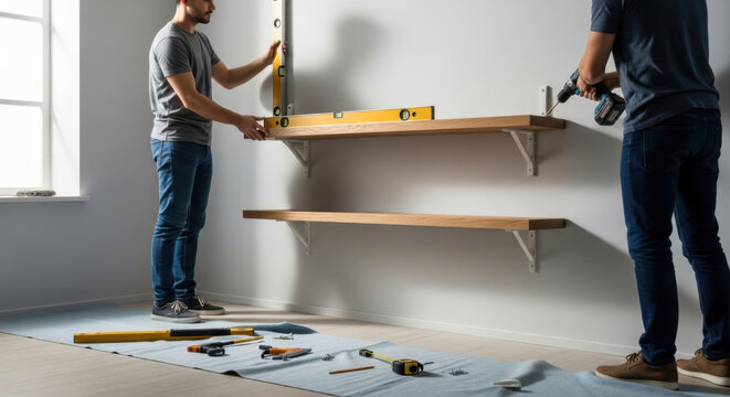 Two Men Skillfully Installing Floating Shelves On A White Wall