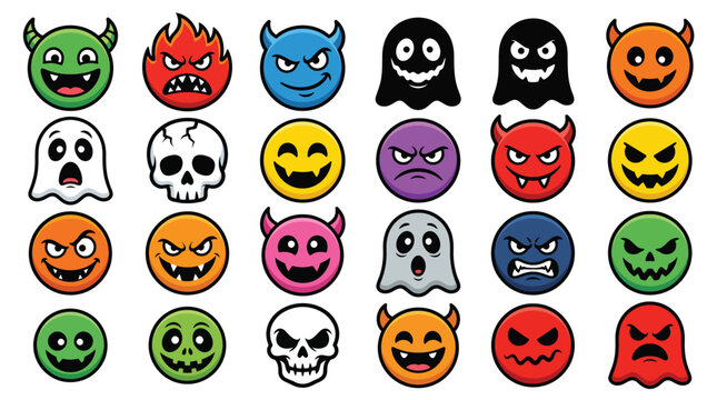 Collection of halloween theme monster ghost and skull emoji stickers