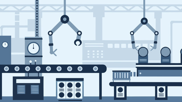 Industrial Robotic Arms And Factory Equipment Vector Illustration In Blue Tones automation automated assembly line blue tone circular element