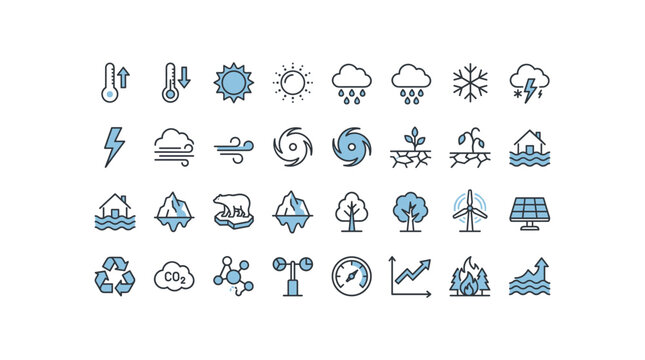 Climate change and global warming icon vector set for extreme weather natural disaster renewable energy and environmental pollution isolated on white background