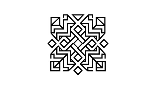 Intricate geometric knotwork pattern featuring symmetrical interlaced lines and decorative square motifs.