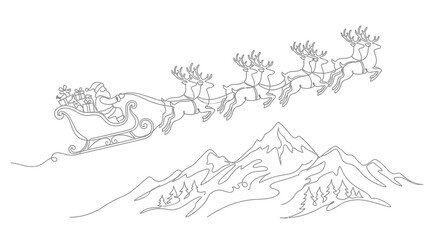 Naklejka premium Continuous line art of Christmas character in a sleigh with reindeer flying over snowy mountains