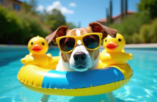 Jack Russell terrier wears sunglasses while floating on inflatable duck ring in swimming pool. Cute dog enjoys summer pool party on sunny day with pool toys.
