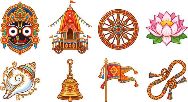 Vibrant hindu rath yatra festival icons and symbols
