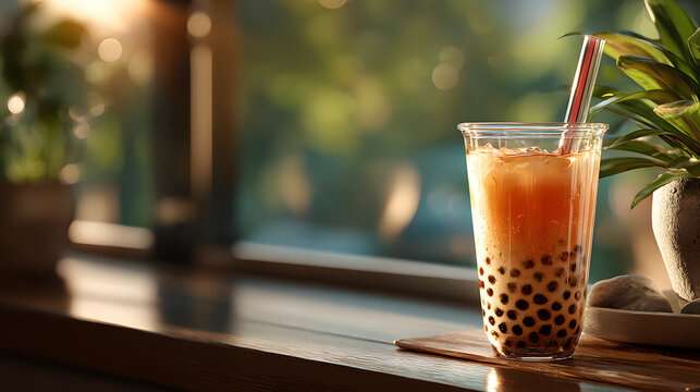 Refreshing bubble tea drink in transparent cup with colorful tapioca pearls sits on wooden table, surrounded by plants and bathed in warm sunlight