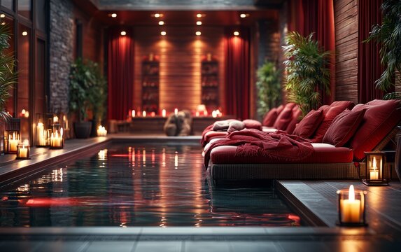 Evening Relaxation in Luxurious Spa with Red Accents and Soft Ambiance
