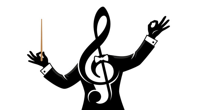 Music conductor vector silhouette with treble clef head holding a baton in tuxedo on white background