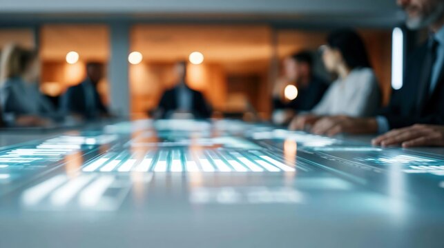 Business meeting with glowing holographic data visualizations projected on conference table, digital data analysis