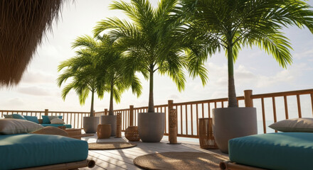 Fototapeta premium Tropical Resort Lounge Area Overlooking Ocean Horizon With Palm Trees