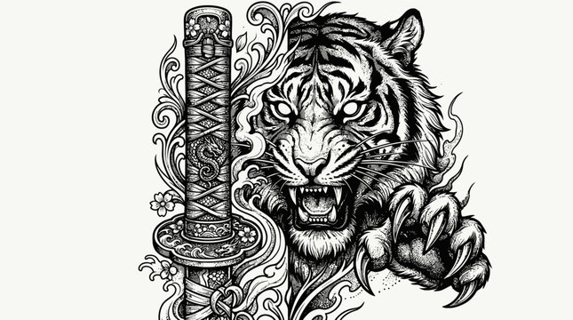 Roaring tiger face with sharp claws and traditional katana sword handle illustration.