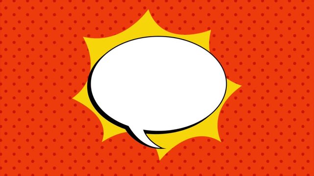 Animated pop art comic book speech bubble popping up over a yellow explosion on a red dotted background